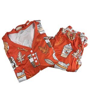 Pumpkin Spice Latte & Donuts Pajama Set Womens Size Medium Autumn Coffee Leaf